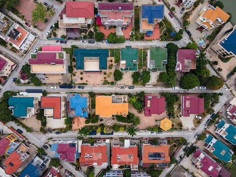 Aerial view of colorful houses in the city