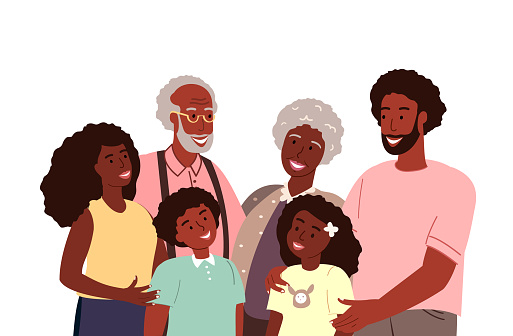 Big African Family.Supporting,loving Happy senior parents,adult daughter, son,kids,grandchildren portrait.Harmony in healthy bonding relationships.Flat vector illustration isolated on white background