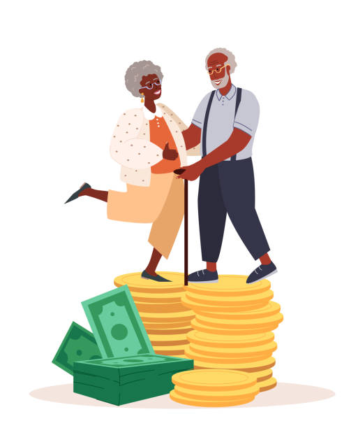 ilustraciones, imágenes clip art, dibujos animados e iconos de stock de feliz senior jubilados africanos de piel negra personajes femeninos masculinos stand on huge pile of money golden coins stack.financial wealth,pension deductions,savings,wealthy retirement.flat vector illustration - couple black american culture african culture