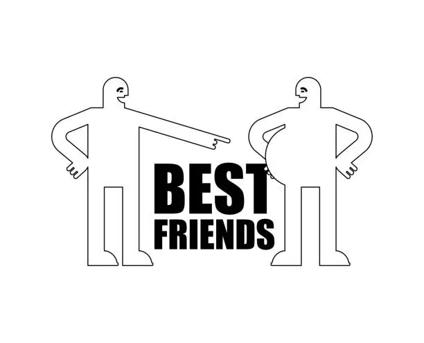 Vector illustration of Best friends. friendly joke. Two fat men laugh at each other and point to their bellies.