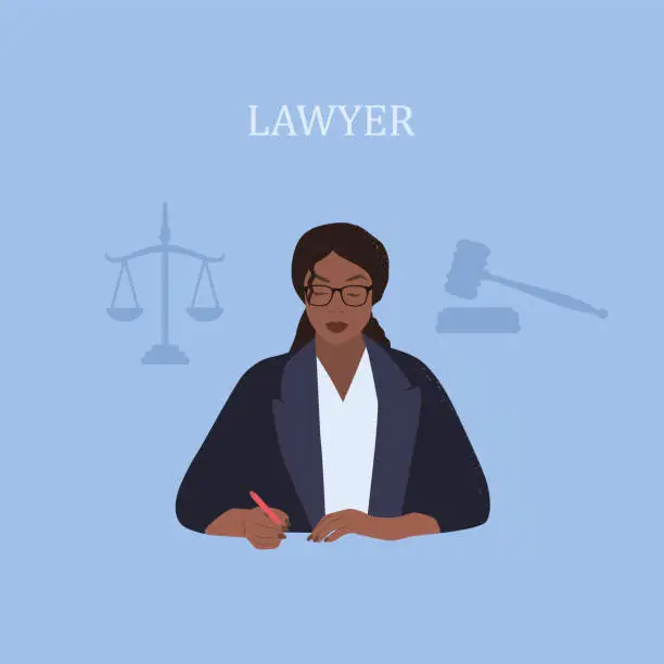 Vector illustration of Lawyer profession. Judge. Black woman professional lawyer. Flat style. Vector