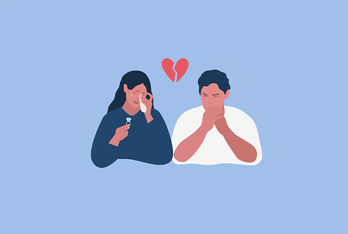 Couple broke up. Wife holding wedding ring and crying. Unhappy husband. Vector illustration
