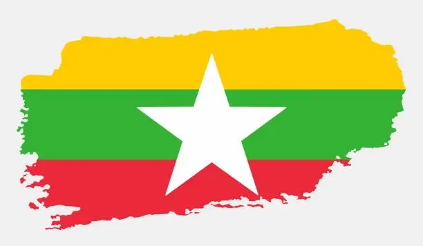 Vector illustration of Myanmar or Burma flag with grunge texture in brush stroke style.