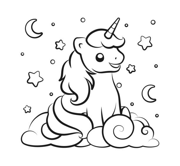 Cute happy unicorn sitting in the clouds looking up at the night sky outline illustration. Easy coloring book page for kids. Cute happy unicorn sitting in the clouds looking up at the night sky outline illustration. Easy coloring book page for kids. unicorn coloring pages stock illustrations