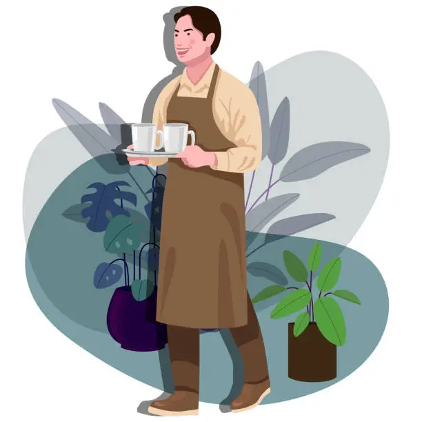 Vector illustration of Beautiful Young man/Barista serving coffee with Smile in Coffee Café, Small Business Concept.