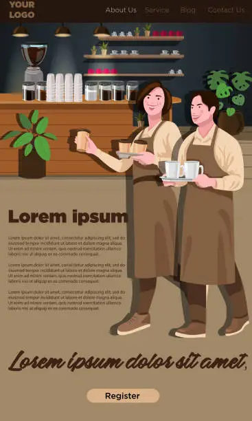 Vector illustration of Beautiful Landing page Mock Up, Beautiful Young Couple Serving Coffee in Coffee café with smile