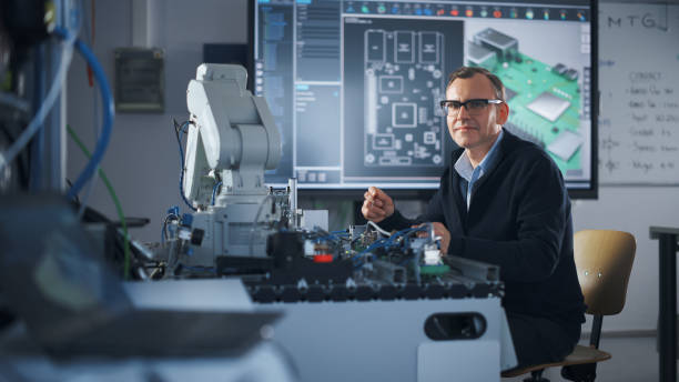 retrato de engenheiro sorridente usando chave de fenda enquanto trabalha com microchip de braço robótico. homem olhando para a câmera durante seu experimento com mão biônica. conceito de ciência e engenharia de alta tecnologia - technology personal accessory hightech business - fotografias e filmes do acervo