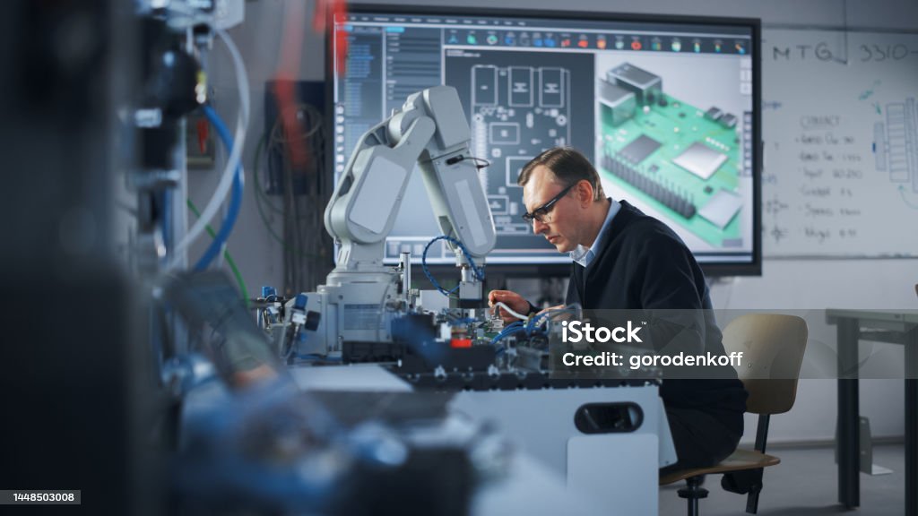 Electronics Engineer Works With Robot Examining Circuits Using ...