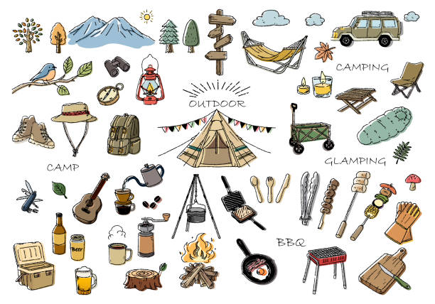 Outdoor hand-drawn line illustration set Outdoor hand-drawn line illustration set camping equipment stock illustrations