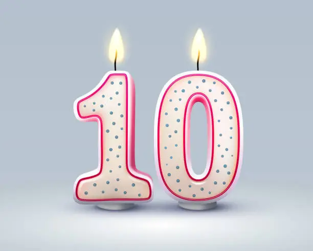 Vector illustration of Happy Birthday years. 10 anniversary of the birthday, Candle in the form of numbers. Vector