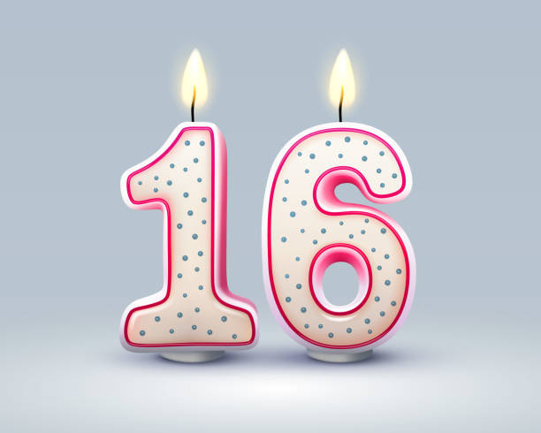 ilustraciones, imágenes clip art, dibujos animados e iconos de stock de feliz cumpleaños años. 16 aniversario del cumpleaños, vela en forma de números. vector - número 16