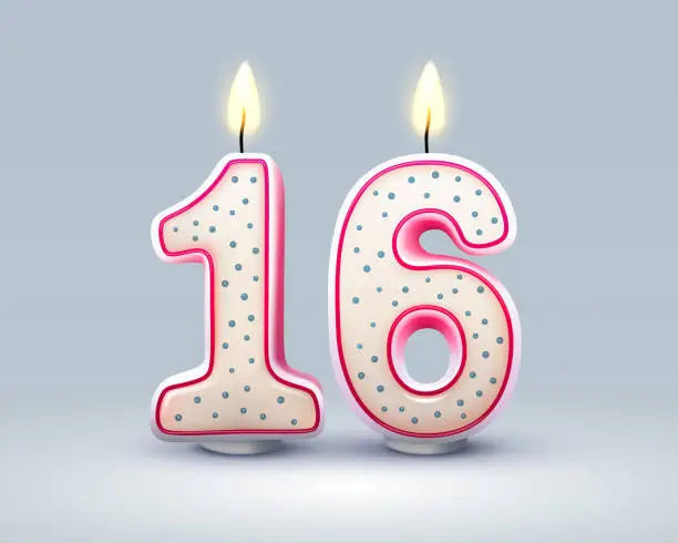 Vector illustration of Happy Birthday years. 16 anniversary of the birthday, Candle in the form of numbers. Vector