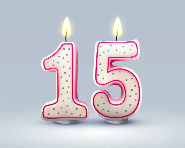 Vector illustration of Happy Birthday years. 15 anniversary of the birthday, Candle in the form of numbers. Vector