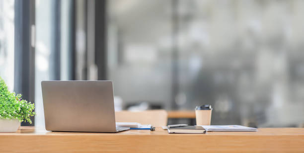 istock Minimal background image of inviting empty workplace laptop with white desk and succulent plant in foreground, copy space 1448503590