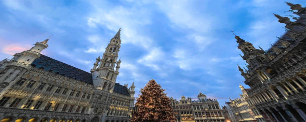 istock Christmas light decorations in Grand Place Brussels central square 1448503677