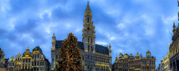 istock Christmas light decorations in Grand Place Brussels central square 1448503772