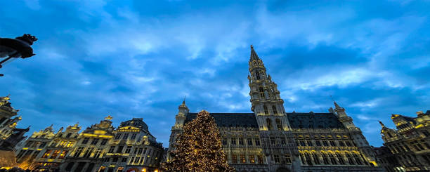 istock Christmas light decorations in Grand Place Brussels central square 1448503776