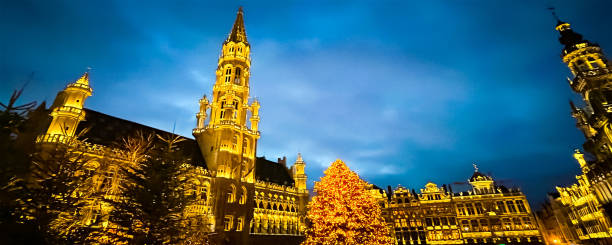 istock Christmas light decorations in Grand Place Brussels central square 1448503878