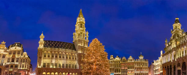 Christmas light decorations in Grand Place Brussels central square stock photo