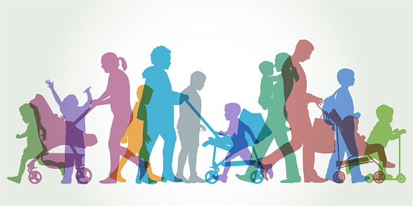 Colourful overlapping silhouettes of families and children. family, children, father, mother, parent, protect,