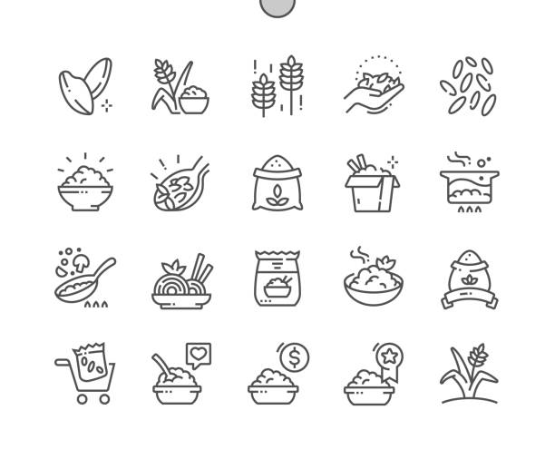 stockillustraties, clipart, cartoons en iconen met rice. cereal meal. rice porrige. food shop, supermarket. menu for cafe. pixel perfect vector thin line icons. simple minimal pictogram - rijst stapelvoedsel