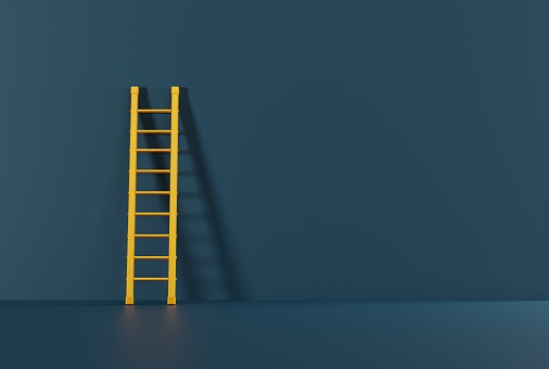 Business concept, climbing to the top and achieving goals. Ladder touching and leaning against the wall. 3D render, 3D illustration.