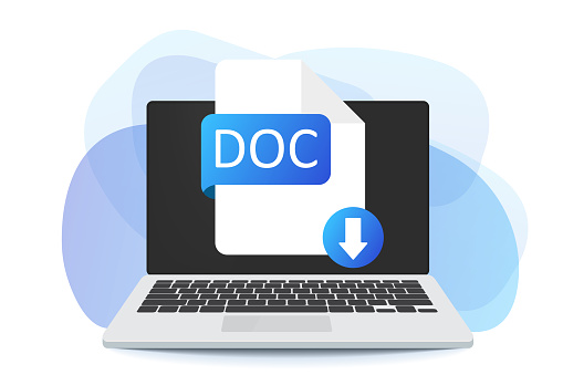 Download DOC button on laptop screen. Downloading document concept. DOC label and down arrow sign. Vector stock illustration