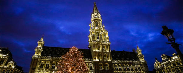 istock Christmas light decorations in Grand Place Brussels central square 1448506243