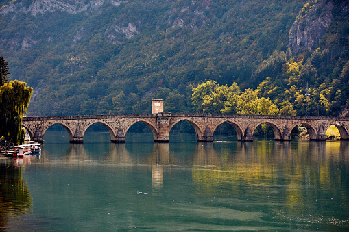 Bridge on river Drina, famous historic Ottoman architecture in Visegrad, Bosnia and Herzegovina.