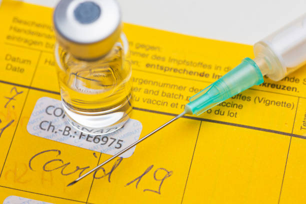istock Yellow vaccination document with syringe and vial 1448507771