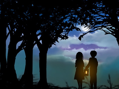 Black-and-white fantasy illustration in cutout style of a brother and a scared sister with a lamp wandering in the forest with moonlight and drifting deep mist