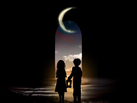 Fantasy illustration of a brother and sister in cutout-style silhouette who found an entrance to a beautiful sky and drifting clouds in the dark.