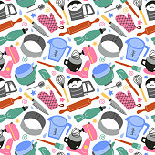 istock Bakery utensils hand drawn seamless pattern, doodle colored ornament of kitchenware icons, vector illustrations of mixer, whisk, rolling pin on white background 1448510377