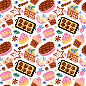 istock Bakery food hand drawn seamless pattern, doodle colored ornament of desserts icons, vector illustrations of cake, pie, cupcake on white background 1448510381