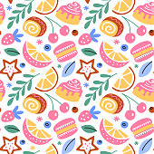 istock Desserts hand drawn seamless pattern, doodle colored ornament of pastry and sweet food icons, vector illustrations of macaron, cinnamon bun, cookie on white background 1448510407