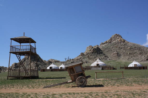 An image of the 13th century nomadic community in the solitary valley, Tuv region, Mongolia. stock photo