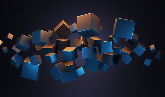 3D render of scattered black cubes levitating on black background with teal orange backlight