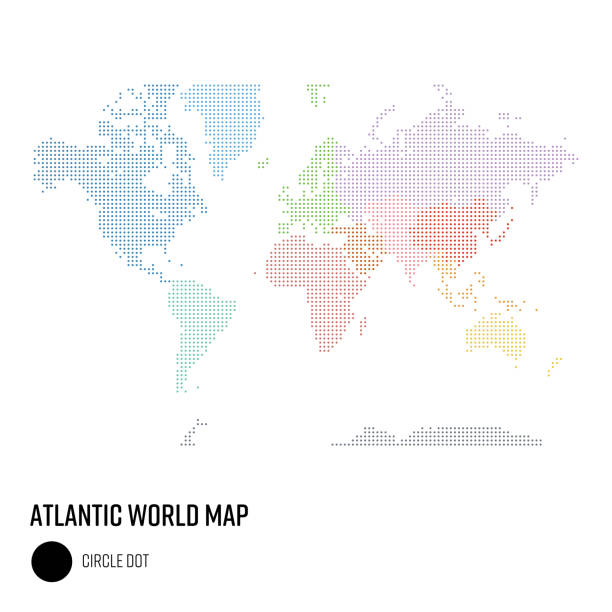 illustrations, cliparts, dessins animés et icônes de carte du monde en grand point - groupe mondial centré sur l’atlantique par région - pacific ocean illustrations