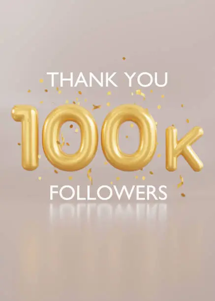Photo of Thank you 100000 followers card with golden confetti on beige background. Vertical picture for social network, blog. 100k followers celebration. Social media achievement poster. 3d rendering.
