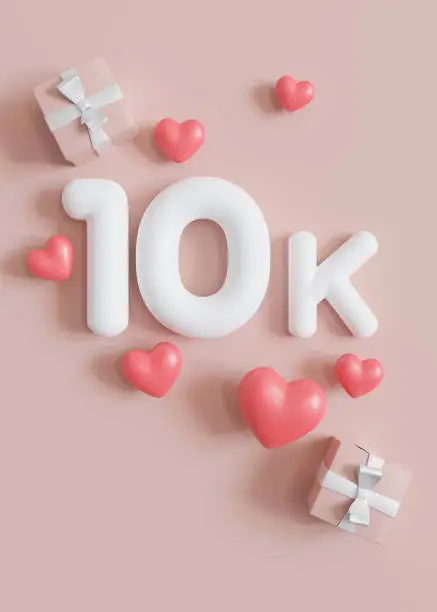 Photo of 10000 followers card with hearts and presents on pink background. Vertical picture for social network, blog. 10k followers or likes celebration. Social media achievement poster. 3d render.