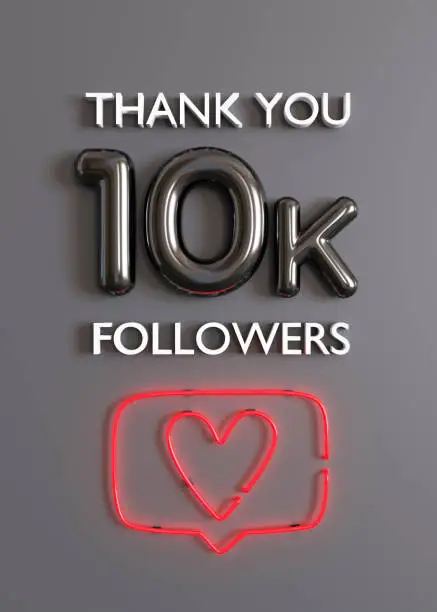 Photo of Thank you 10000 followers card with heart on gray background. Verical picture for social network, blog. 10k followers celebration. Social media achievement poster. Ten thousand subscriber. 3d render.