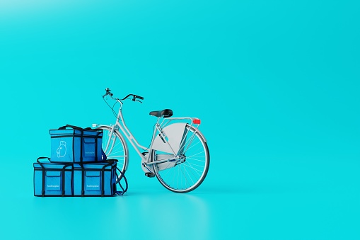 Concept of food delivery by bicycle, food courier. 3d rendering, 3d illustration.