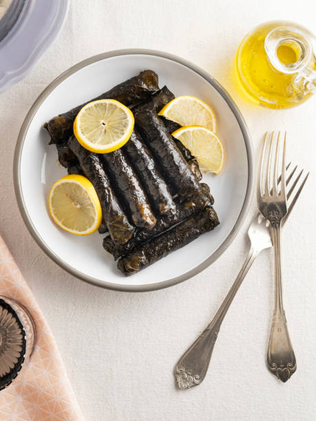 stuffed grape leaves, delicious turkish meal dolma, stuffed vegetables with olive oil - dolmades imagens e fotografias de stock