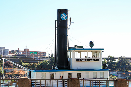 Portland, Oregon, USA- October 1, 2022: Oregon Maritime Museum in a historic Sternwheeler ship boat at downtown Portland