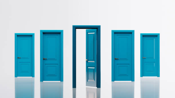 istock set of Opened realistic blue doors isolated on white background. 1448513442