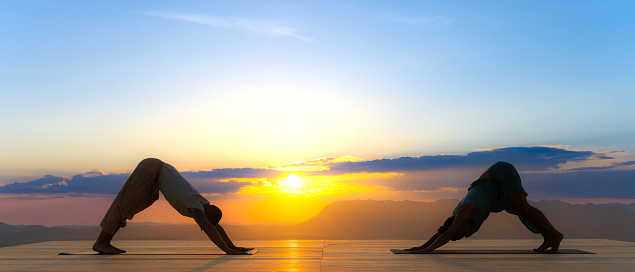 Side view of couple practising downward facing dog position yoga on deck during sunset.