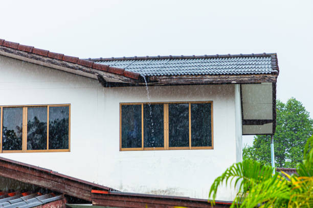 Raining on roof home,Raindrops fall continuously with blur green nature background. stock photo