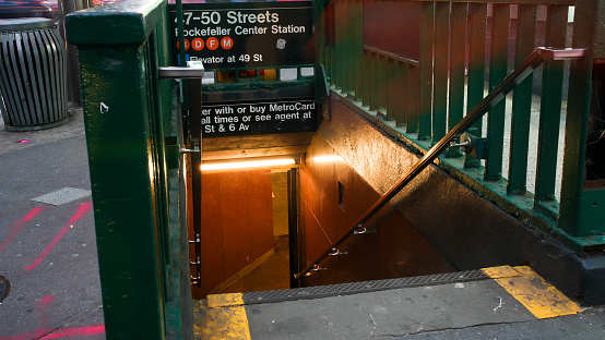 New York, NY, USA - December 10, 2022: Subway entrance 47-50 Rockefeller Center Station