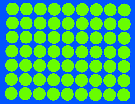 Sixty three green dots on a blue background