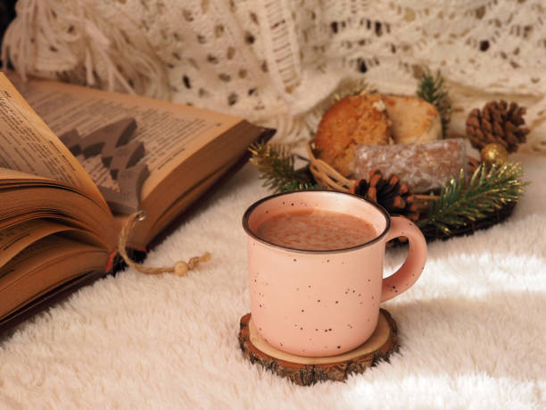 Mug of hot chocolate cacao and sweets for cold days. Christmas holiday concept